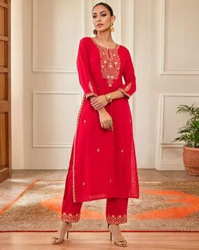 women embroidered straight kurta with pants & dupatta