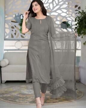 women embroidered straight kurta with pants & dupatta