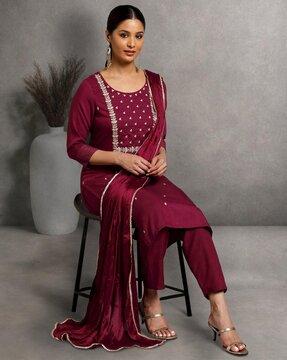 women embroidered straight kurta with pants & dupatta