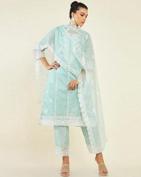 women embroidered straight kurta with pants & dupatta
