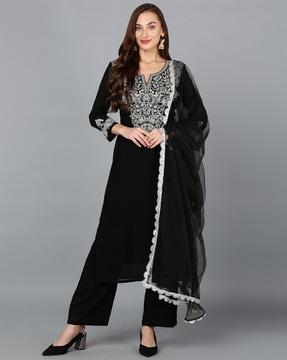 women embroidered straight kurta with pants & dupatta