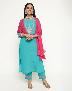 women embroidered straight kurta with pants with dupatta