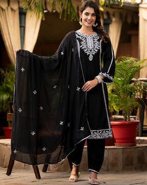 women embroidered straight kurta with patiala pants & dupatta