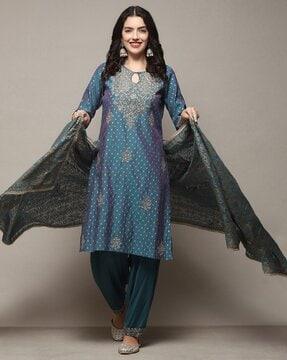 women embroidered straight kurta with salwar & dupatta set