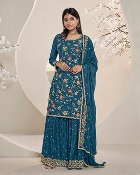 women embroidered straight kurta with sharara & dupatta set