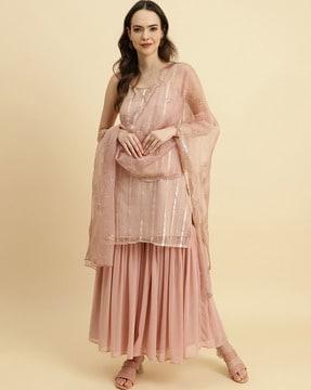 women embroidered straight kurta with sharara & dupatta