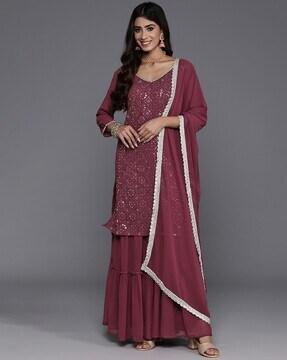 women embroidered straight kurta with sharara & dupatta