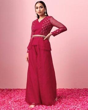 women embroidered straight kurta with shararas & belt