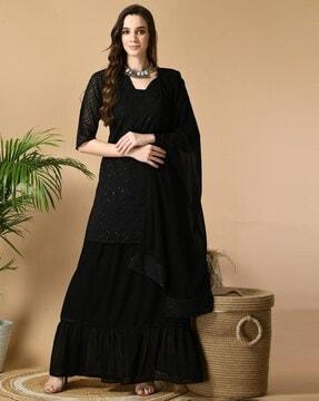 women embroidered straight kurta with skirt & dupatta
