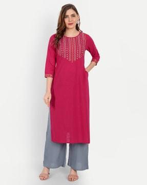 women embroidered straight kurta