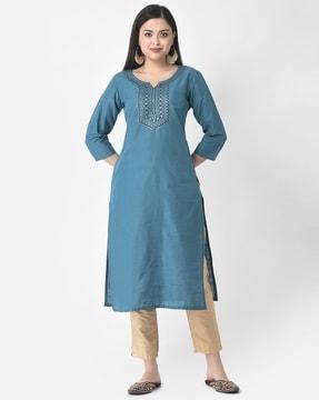 women embroidered straight kurta