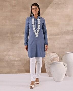 women embroidered straight kurti with full sleeves