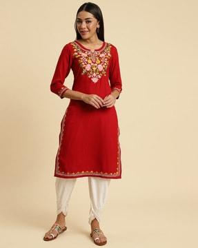 women embroidered straight kurti