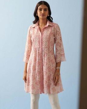 women embroidered straight tunic with button-accent