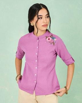 women embroidered straight tunic with button accent