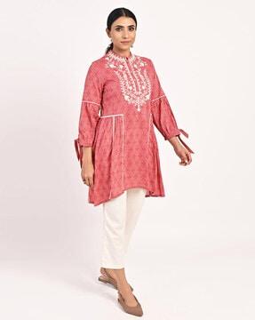 women embroidered straight tunic with mandarin collar