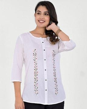 women embroidered straight tunic with round neck