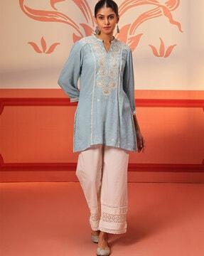 women embroidered tailored fit straight tunic