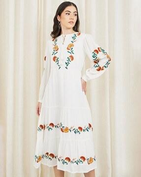 women embroidered tie up neck a-line midi dress