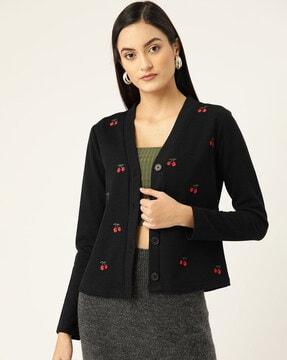women embroidered v-neck cardigan with button-closure