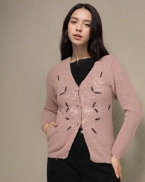 women embroidered v-neck cardigan