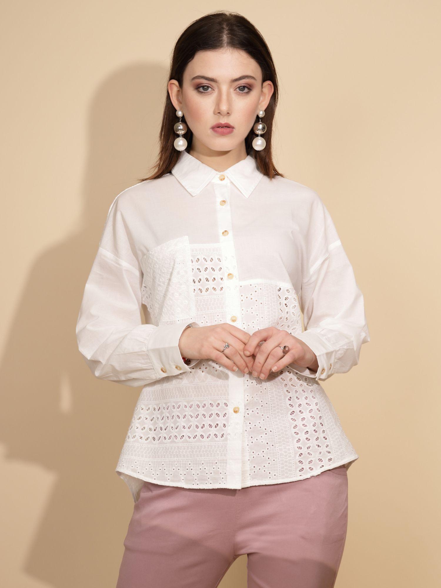 women embroidered white full sleeves collar neck shirt