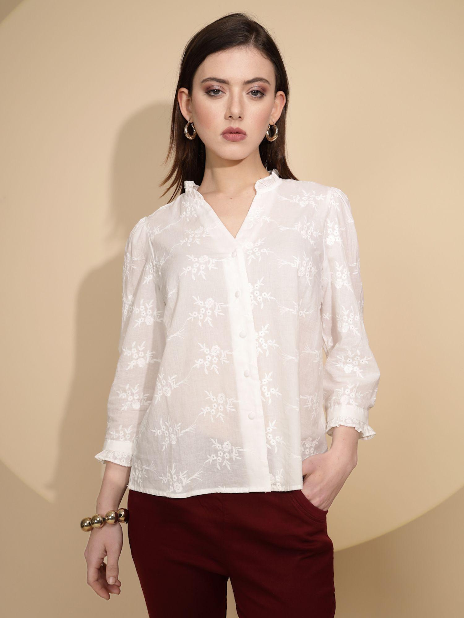 women embroidered white three fourth sleeves mandarin neck shirt