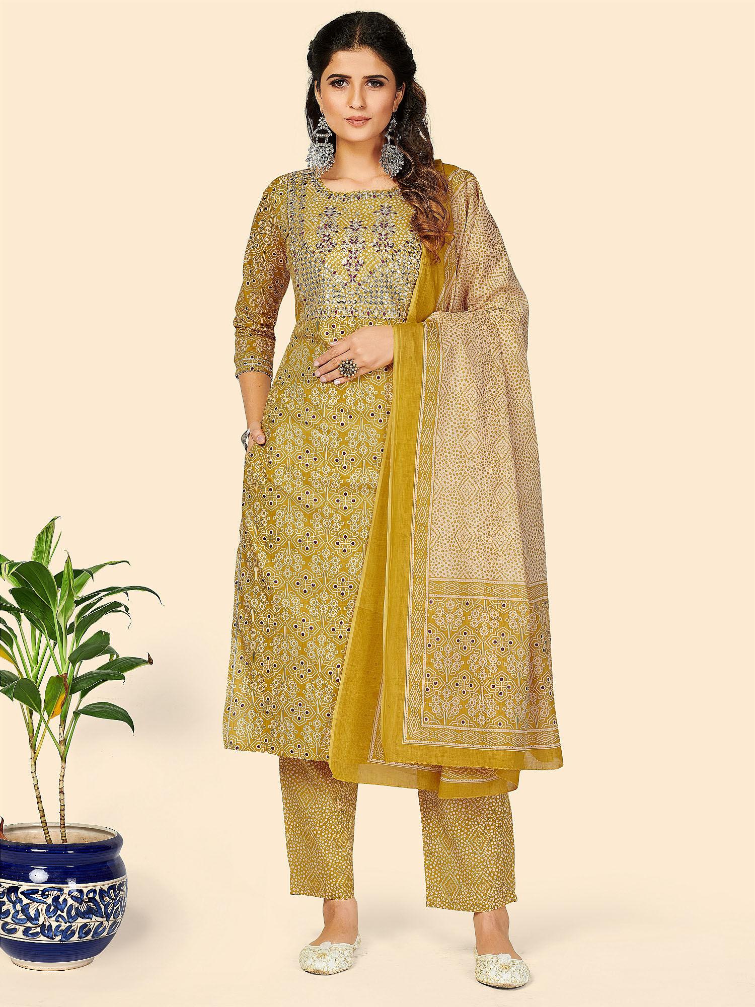 women embroidered work straight cotton yellow kurta pant with dupatta (set of 3)