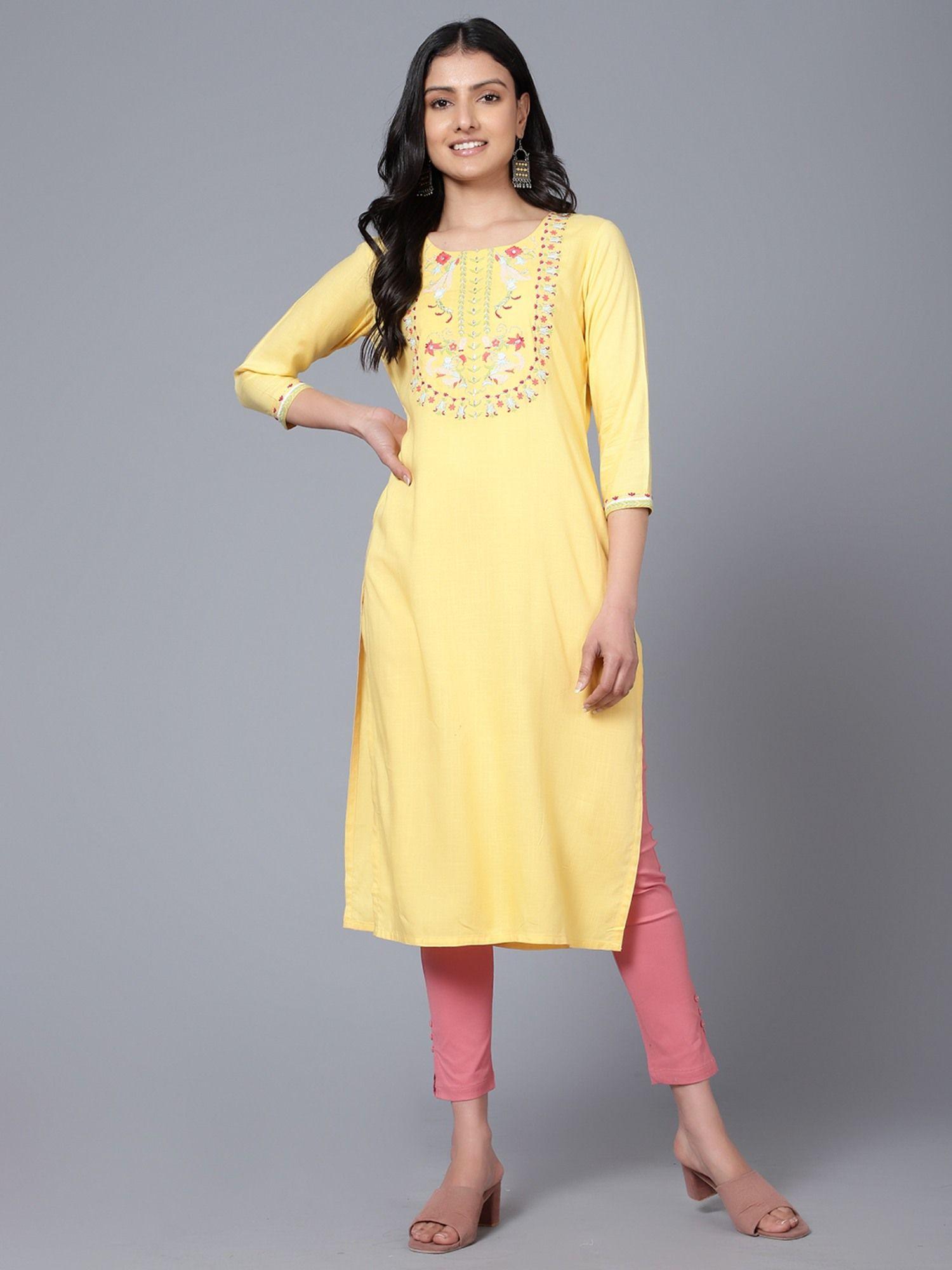 women embroidered yellow kurta