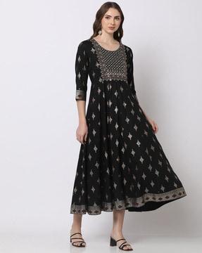 women embroidered yoke fit & flare dress