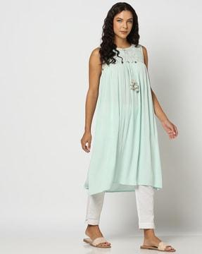 women embroidered yoke flared kurta