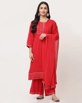 women embroidererd straight kurta set with dupatta