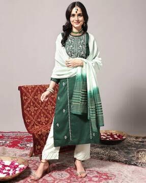 women embroidery & embellished straight kurta set with dupatta