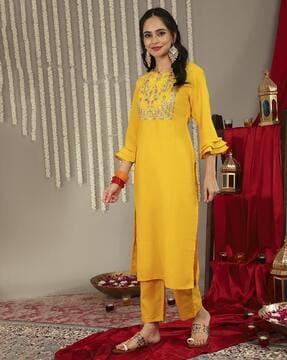 women embroidery & embellished straight kurta set with dupatta