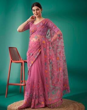 women embroidery saree with tassels & unstitched blouse piece