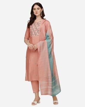 women embroidery straight kurta set with dupatta