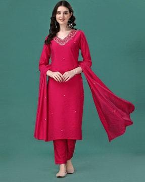 women embroidery straight kurta set with dupatta