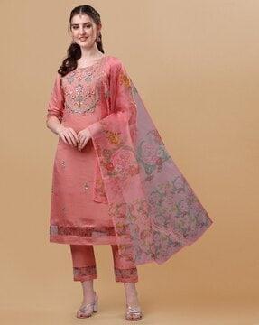 women embroidery straight kurta set with dupatta