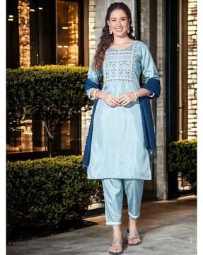 women embroidery straight kurta set with dupatta