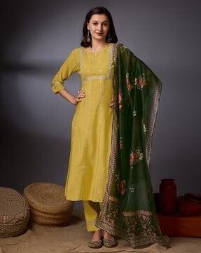 women embroidery straight kurta set with dupatta