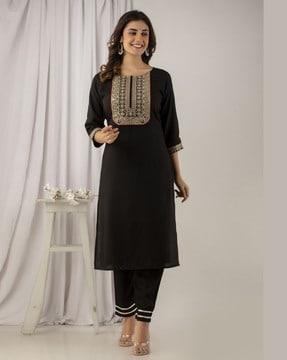 women embroidery straight kurta set