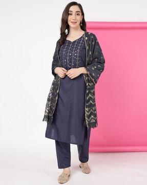 women embroidery straight kurta suit set