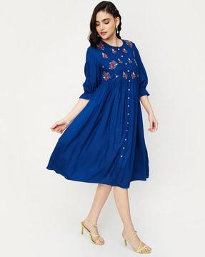 women embroyered fit & flared dress with round neck