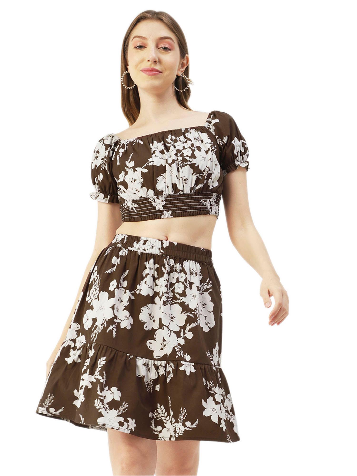 women empire fit poplin floral brown co-ord (set of 2)