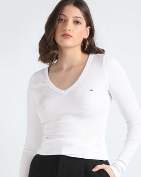 women essential ribbed slim fit v-neck top