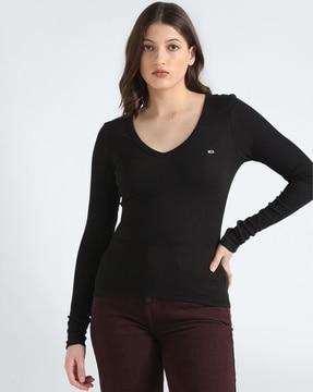 women essential ribbed slim fit v-neck top