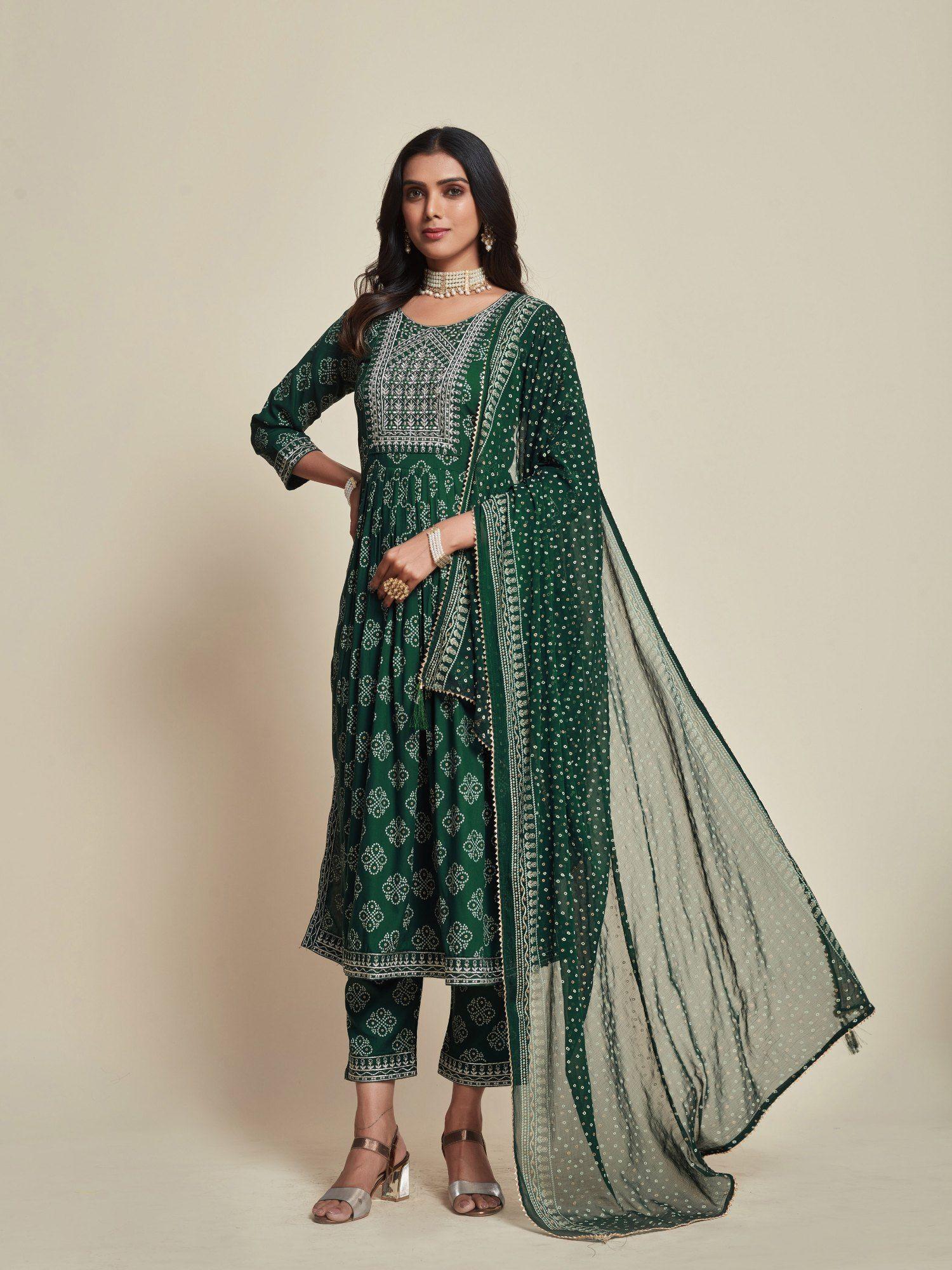 women ethnic green bandhani printed viscose rayon kurta & pant with dupatta (set of 3)