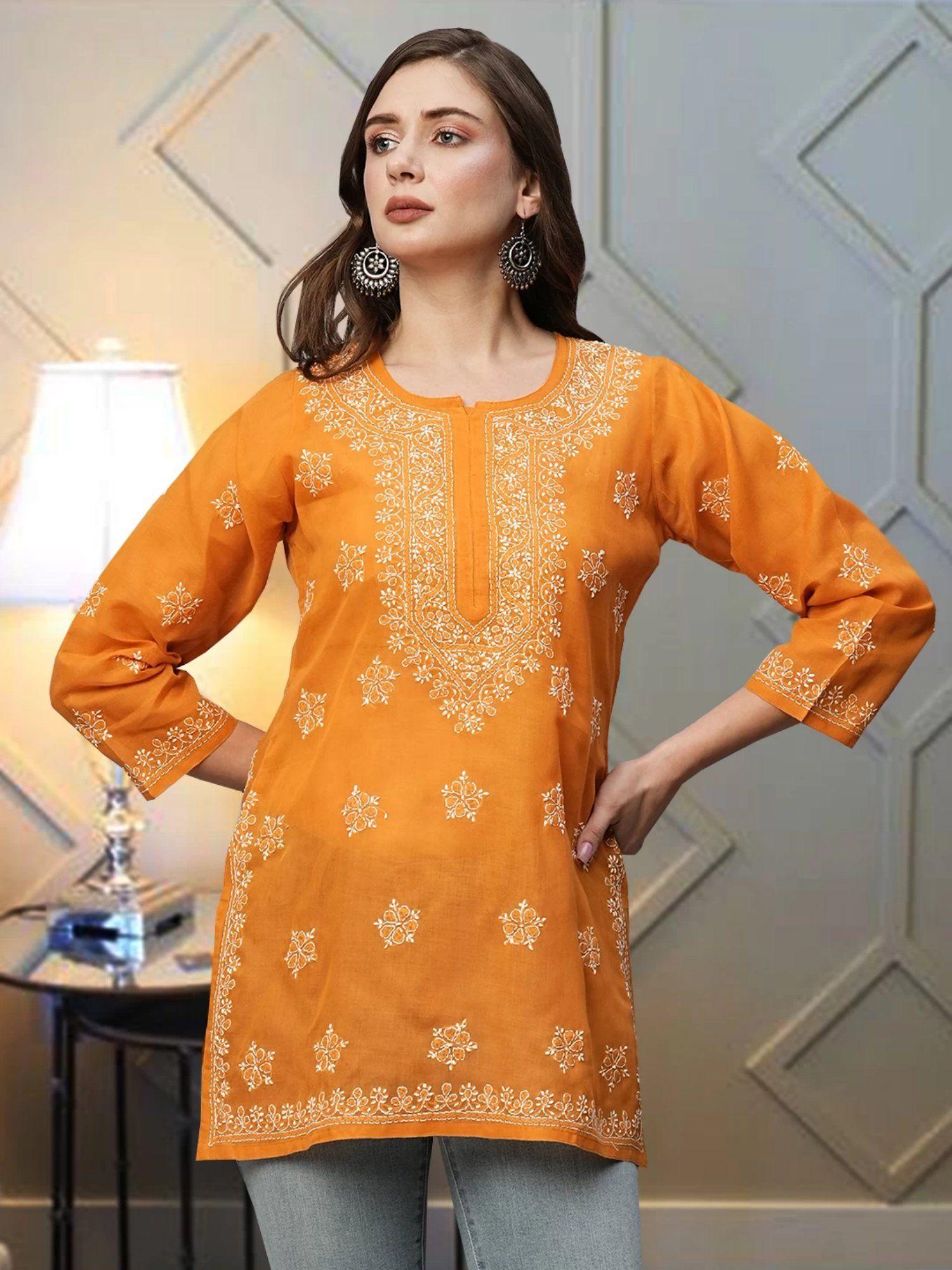 women ethnic motifs hand embroidered chikankari orange cotton kurti