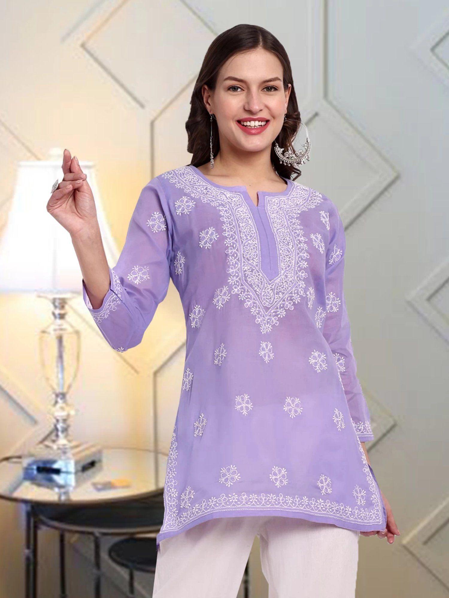 women ethnic motifs hand embroidered lucknow chikankari lavender cotton kurti