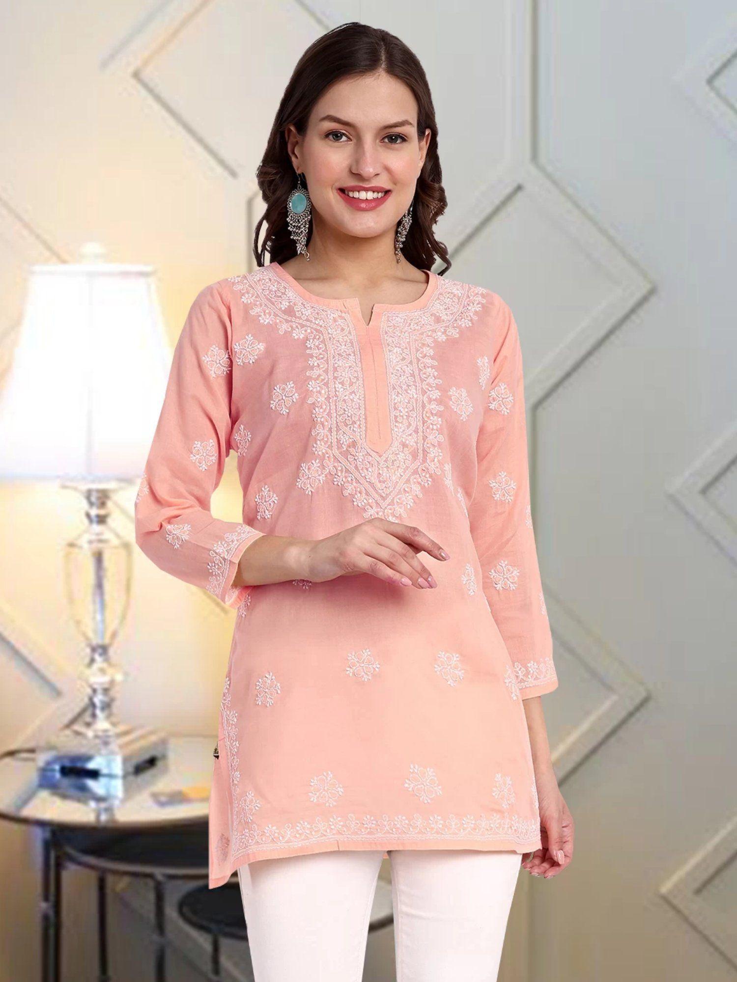 women ethnic motifs hand embroidered lucknow chikankari light peach cotton kurti